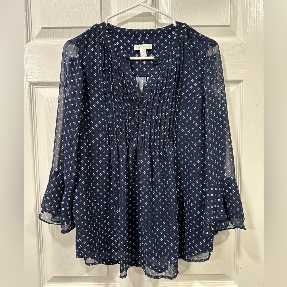 Charter Club Navy Floral Pintuck Peasant Blouse